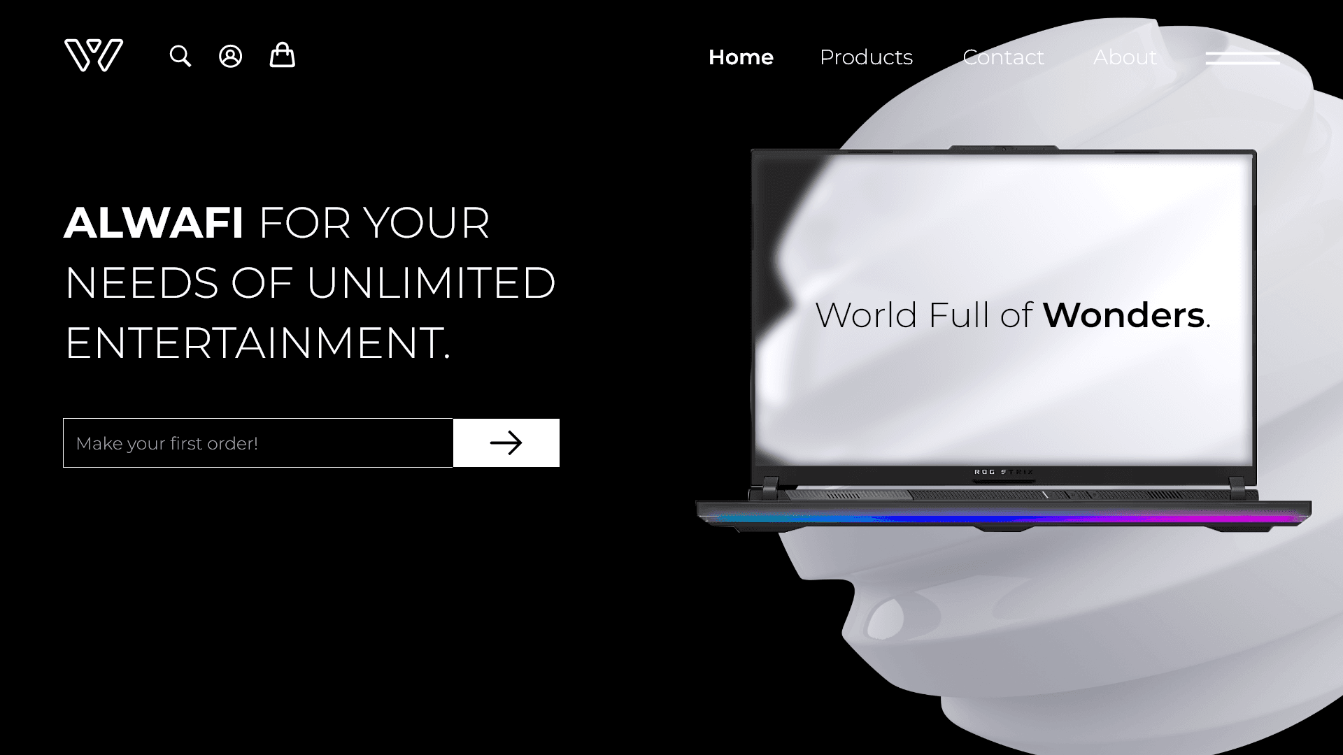 Alwafi landing page, dark mode